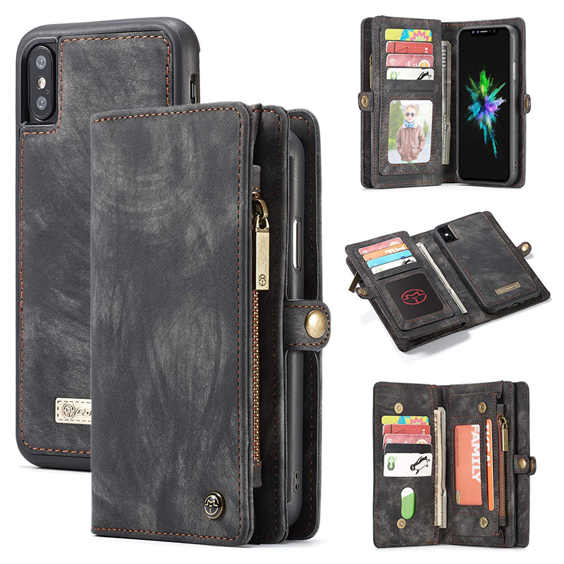 Super Large Capacity Flip PU Leather Wallet Case Cover with Zipper for iPhone XS Max - Black