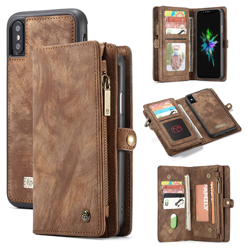 Super Large Capacity Flip PU Leather Wallet Case Cover with Zipper for iPhone XS Max - Brown