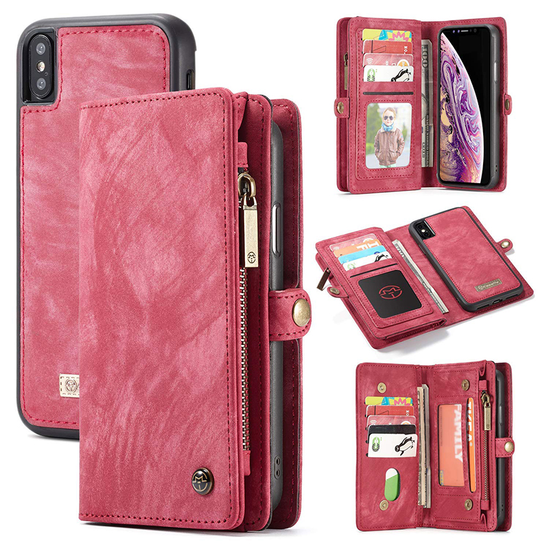 Super Large Capacity Flip PU Leather Wallet Case Cover with Zipper for iPhone XS Max - Red