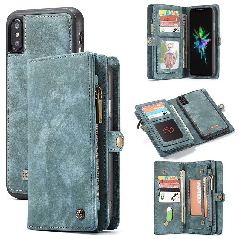 Super Large Capacity Flip PU Leather Wallet Case Cover with Zipper for iPhone XS Max - Blue