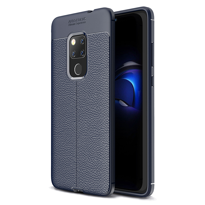 Litchi Texture Pattern Soft Silicone TPU Shockproof Case Back Cover for Huawei Mate 20 - Navy Blue