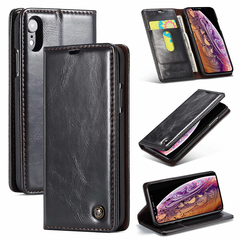 Slim Retro Magnetic PU Leather Wallet Flip Stand Case Cover with Card Slots for iPhone XR - Black