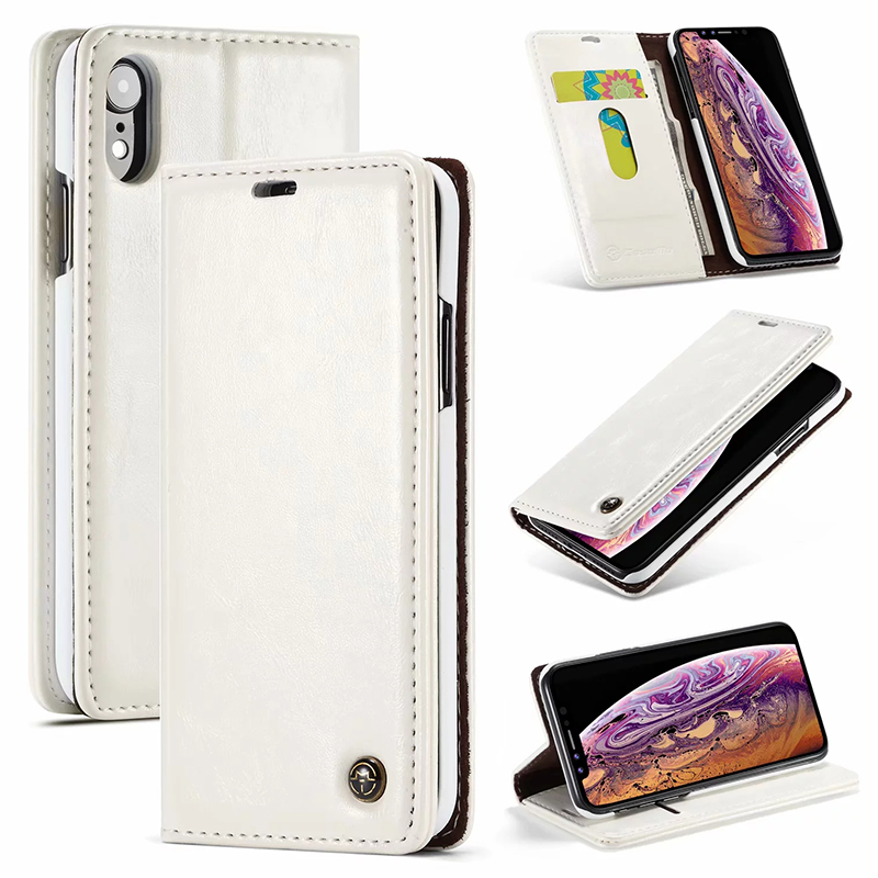 Slim Retro Magnetic PU Leather Wallet Flip Stand Case Cover with Card Slots for iPhone XR - White