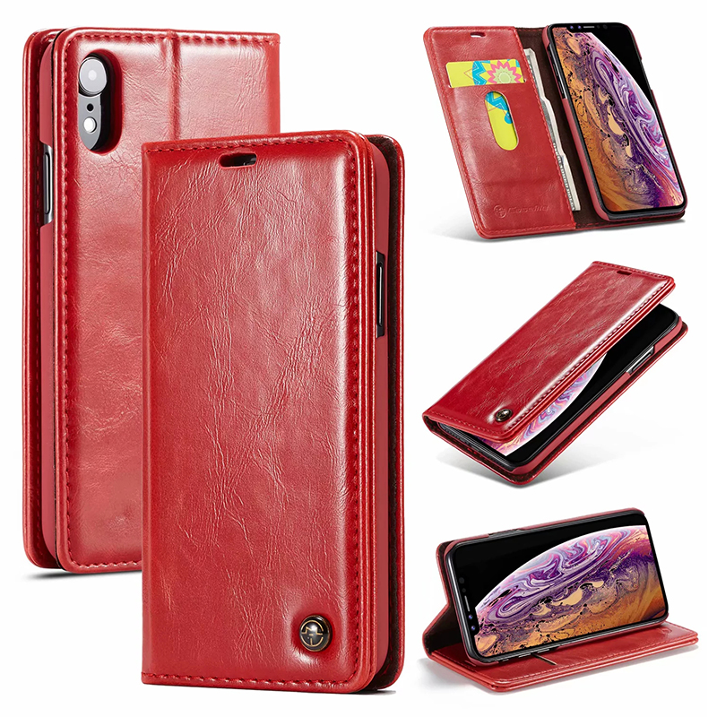 Slim Retro Magnetic PU Leather Wallet Flip Stand Case Cover with Card Slots for iPhone XR - Red