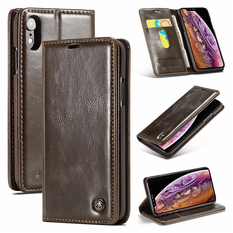 Slim Retro Magnetic PU Leather Wallet Flip Stand Case Cover with Card Slots for iPhone XR - Brown