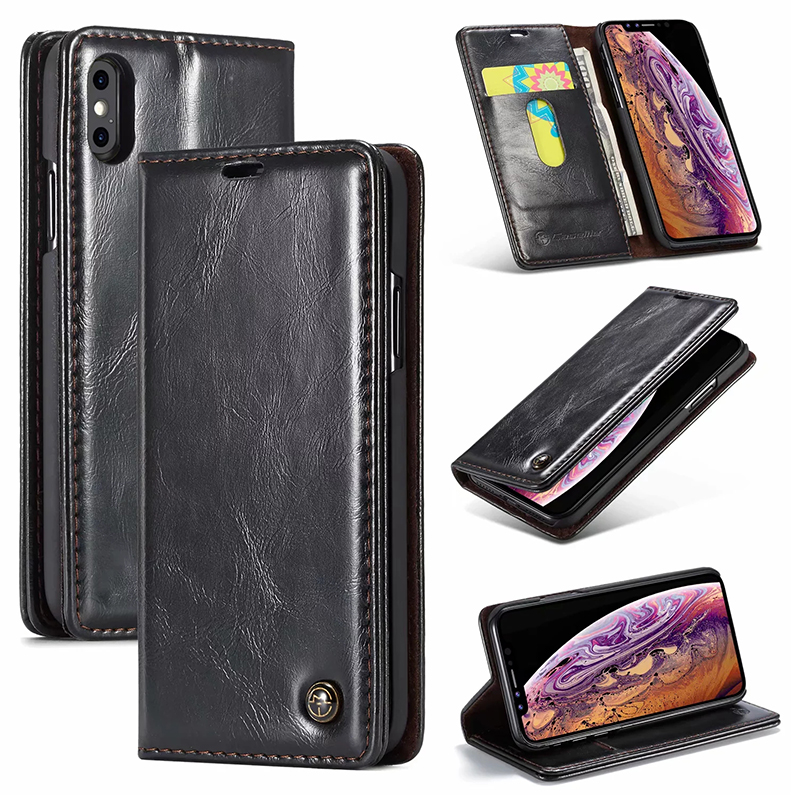 Vintage Retro Magnetic Flip Stand PU Leather Wallet Case Cover for iPhone XS Max - Black