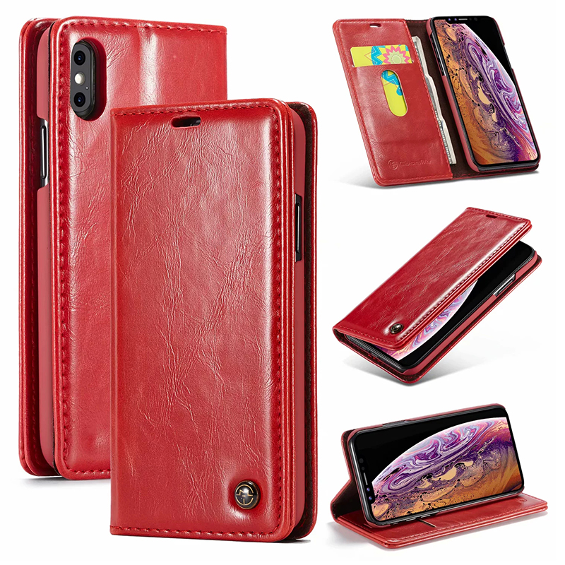 Vintage Retro Magnetic Flip Stand PU Leather Wallet Case Cover for iPhone XS Max - Red