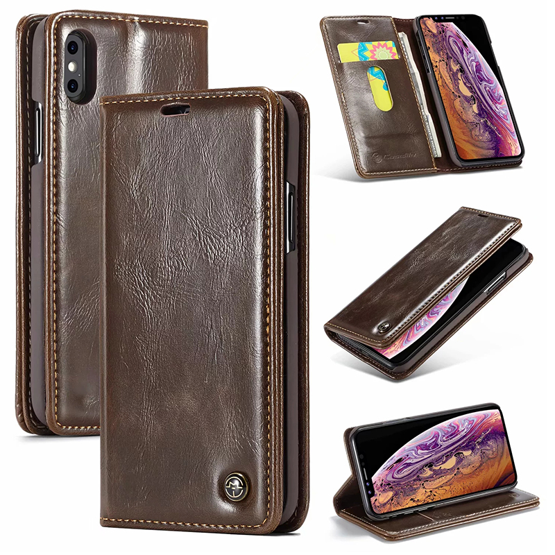 Vintage Retro Magnetic Flip Stand PU Leather Wallet Case Cover for iPhone XS Max - Brown