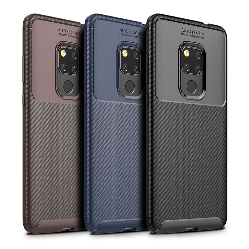 Fashion Carbon Fiber Soft TPU Rubber Shockproof Case Back Cover for Huawei Mate 20 - Brown