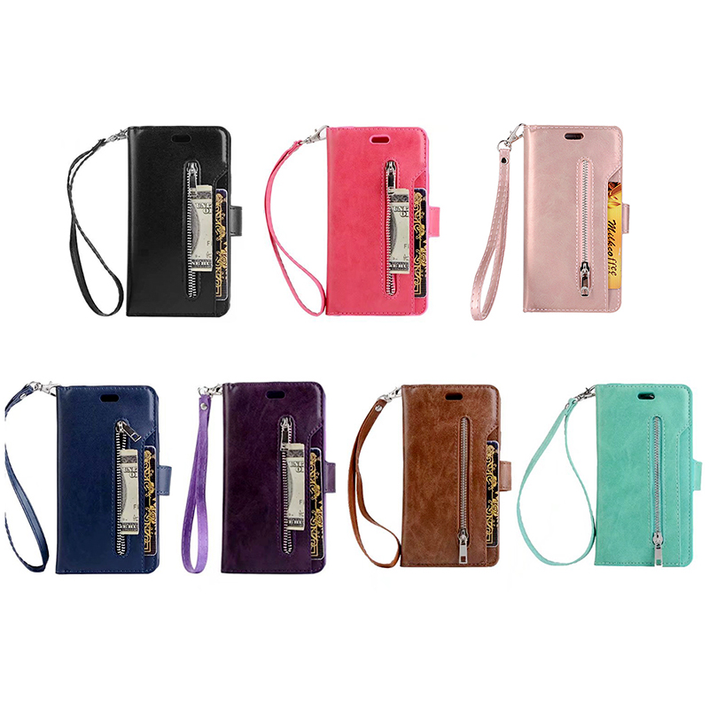 PU Stand Flip Phone Cover Zipper Phone Case with Card Wallet for iPhone XR