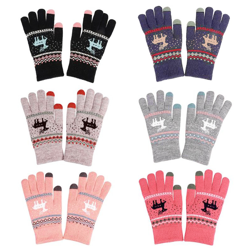 Winter Knitting Touch Screen Finger Gloves Deer Printed Keep Warm New Year Gloves for Women and Men