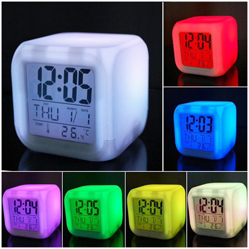 7 Colors Glowing LED Digital Silent Alarm Clock Cube with Date Day and Temperature Display