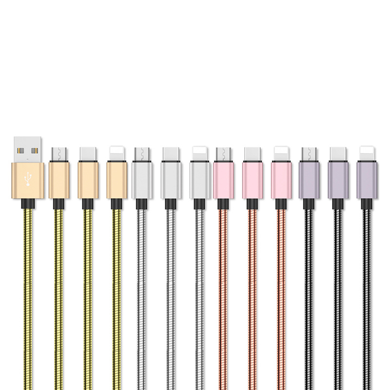 3 in 1 Metal Spring Type-C Micro USB 8 pin Charger Cable for Android iPhone iPad Type-C Devices