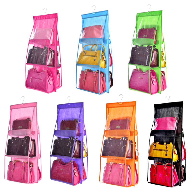 6 Pockets Handbag Hanging Organizer for Wardrobe Closet Transparent Non-woven Storage Bag