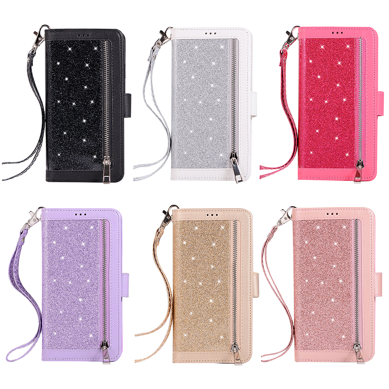 Glitter Shiny Zipper Leather Phone Case Protective Cover with Lanyard for iPhone XR