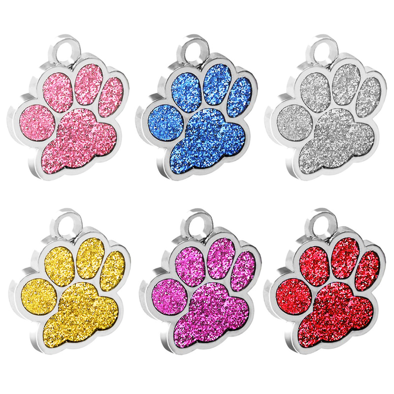Zinc Alloy Glitter Footprints Paw Dog Cat Pet ID Tags Blank ID Card Collar Acceserie