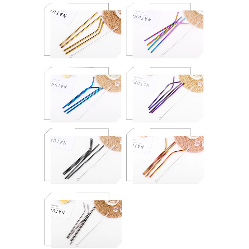 4Pcs Stainless Steel Straw Reusable Metal Drinking Straw with Cleaner Brush for Home Bar