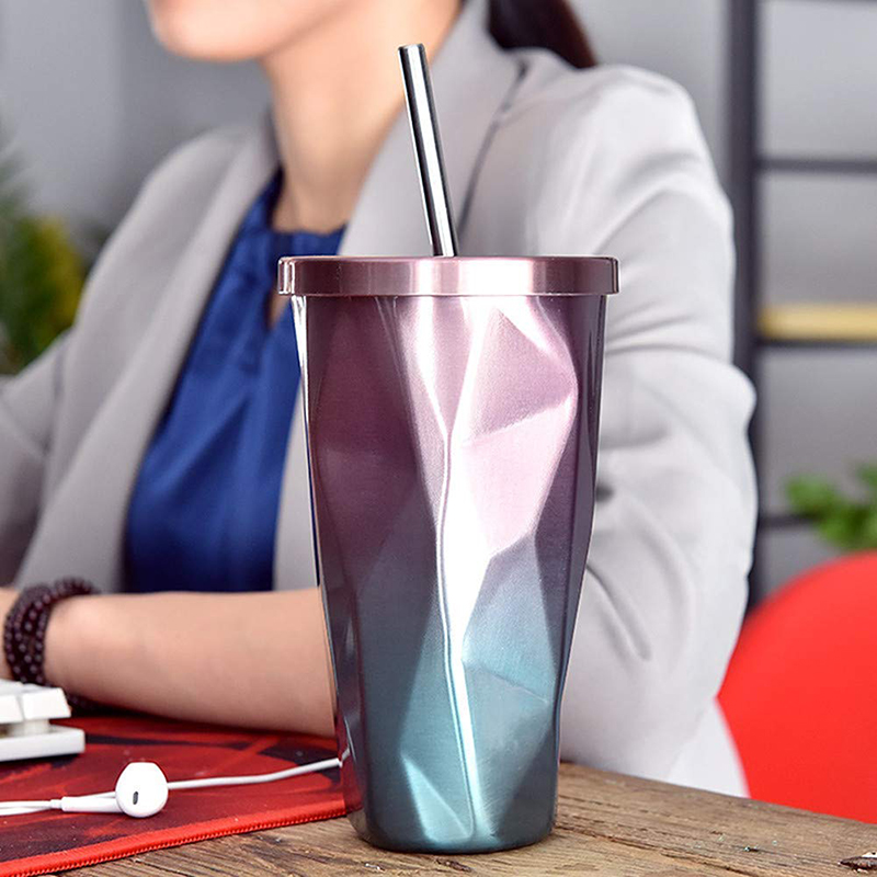 500ML Travel Mug Gradient Colour Cup with Straw Insulated Stainless Steel Tumbler Drinking Coffee Cup Water Bottle
