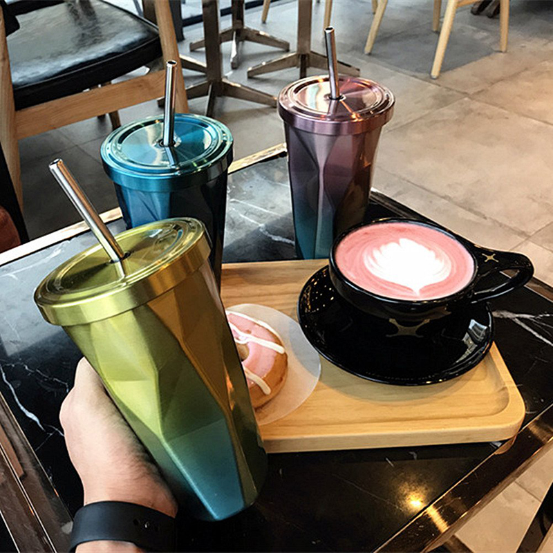 500ML Travel Mug Gradient Colour Cup with Straw Insulated Stainless Steel Tumbler Drinking Coffee Cup Water Bottle