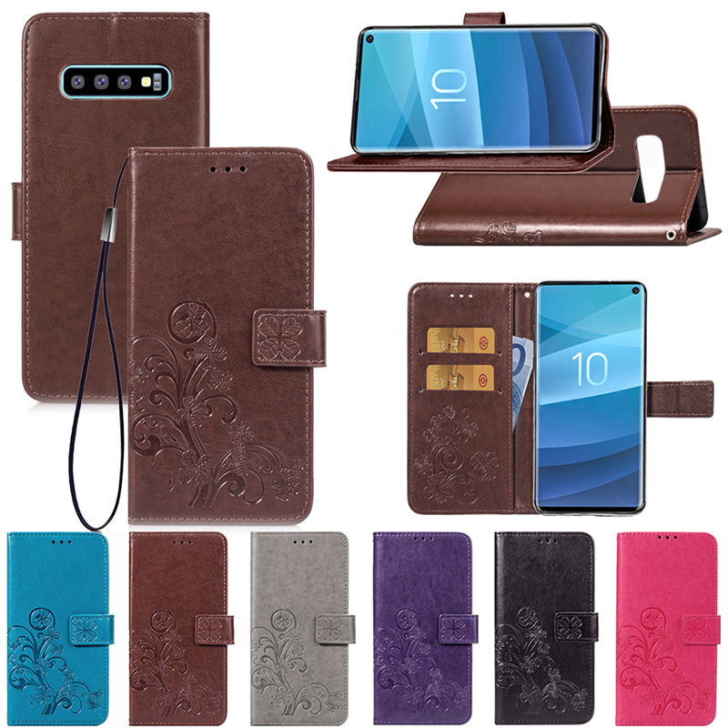 Lucky Clover Embossed Card Holder Case Full Wrap PU Leather Phone Case for Samsung Galaxy S10