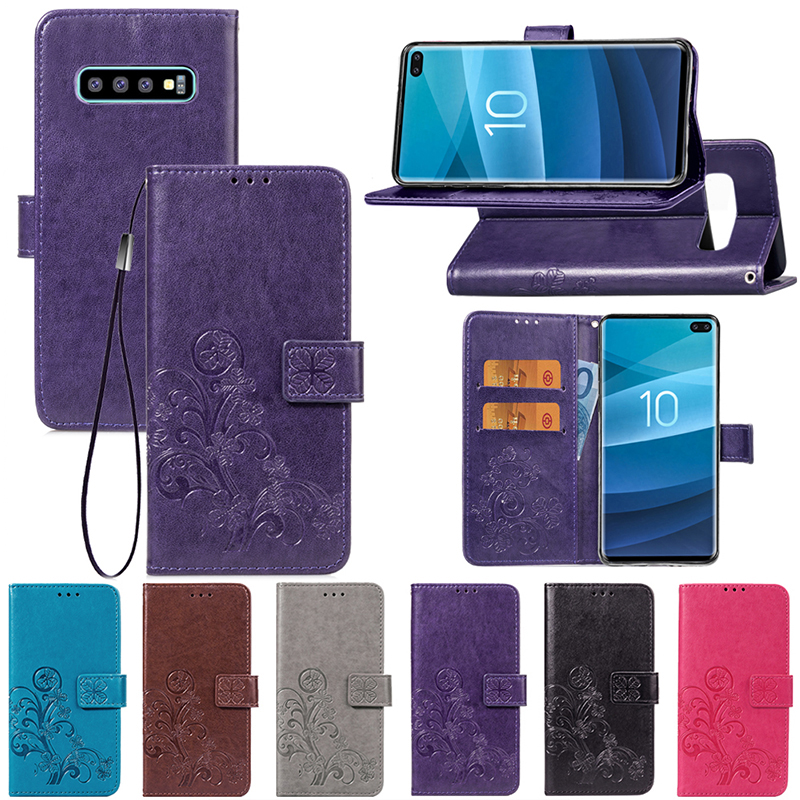 Lucky Clover Embossed Card Case Wallet Holder Case PU with Lanyard for Samsung Galaxy S10 Plus