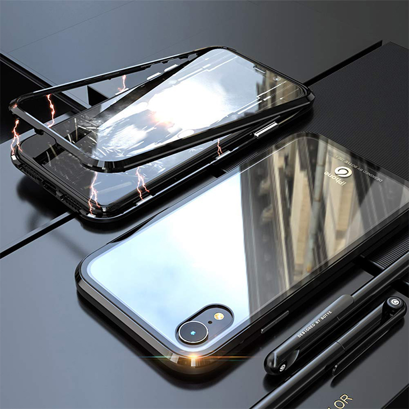 Magnetic Adsorption Metal Edge Tempered Glass Back Case Phone Full Cover for iPhone XR