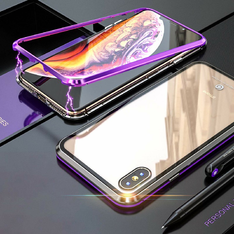 Magnetic Adsorption Metal Edge Phone Case Tempered Glass Back Case and Screen Protector for iPhone XS Max