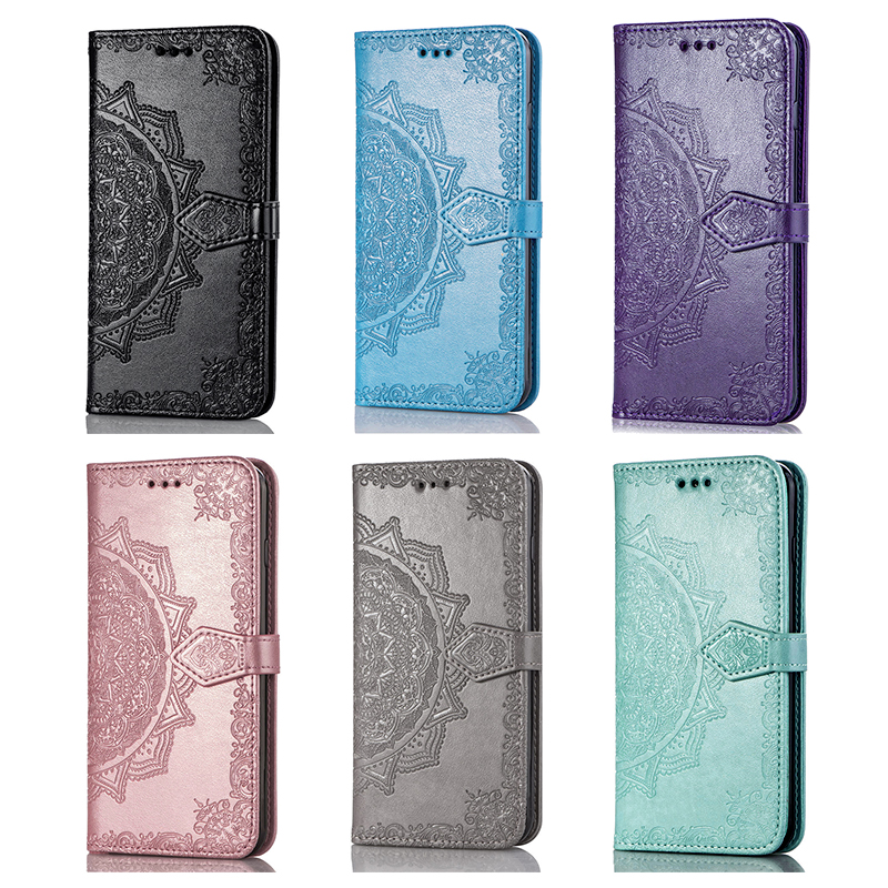 Flower Embossing Leather Phone Case Cover with Holder Stand Card Slot for Samsung Galaxy S10e