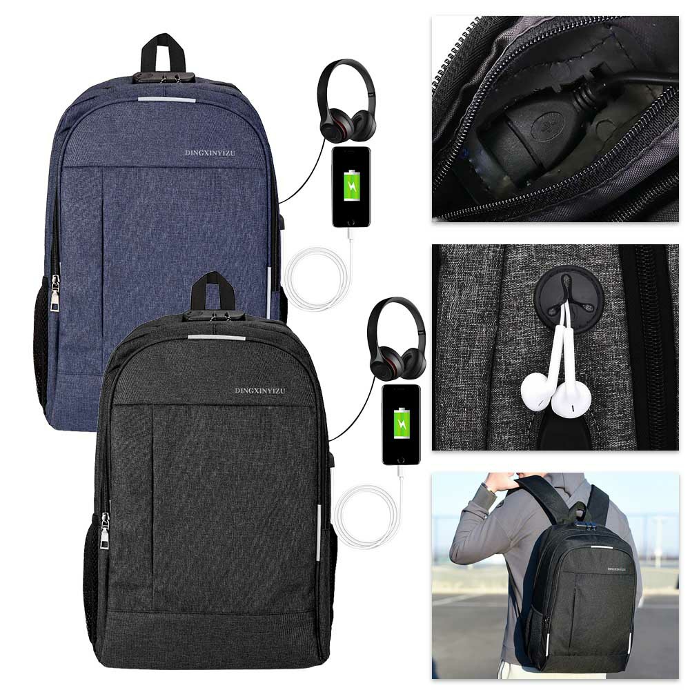 Canvas Laptop Backpack Rucksack Work Travel Casual Password Lock Anti-theft Bag with USB Charging Port - Black