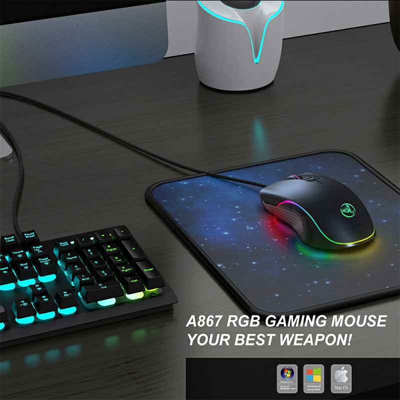 A867 Adjustable 6400dpi Optical RGB Marquee Effect Wired Gaming Mouse for PC