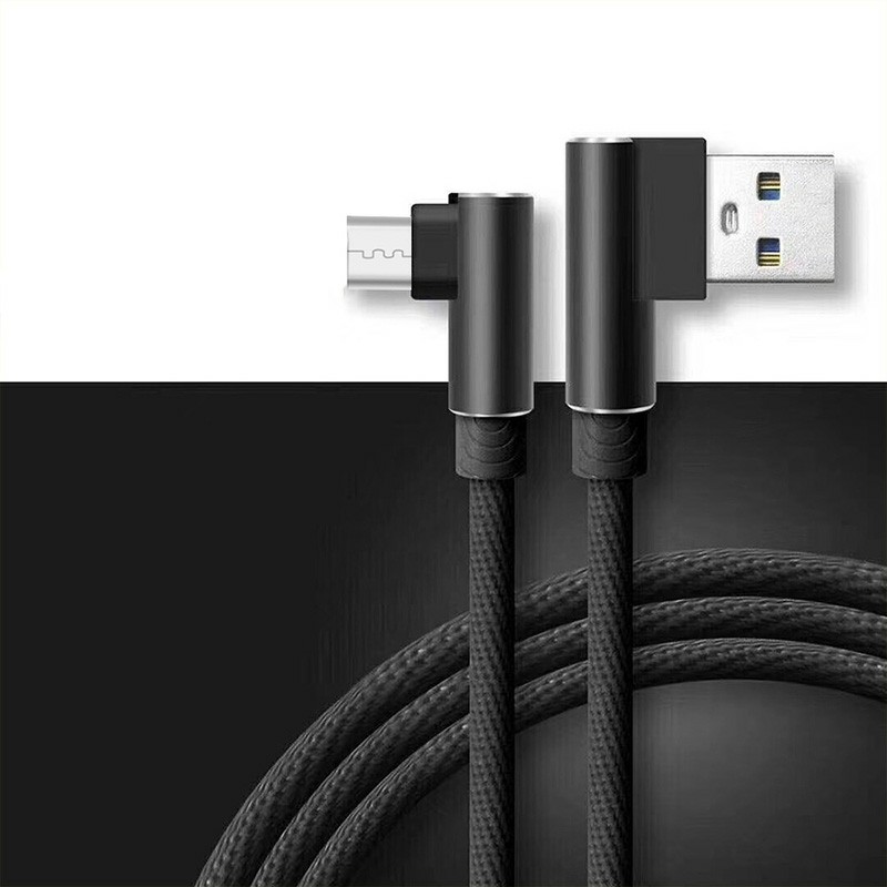 Durable L Shape Double 90 Degree Elbow Braided Nylon Weaving Micro USB Charging Cable 1m