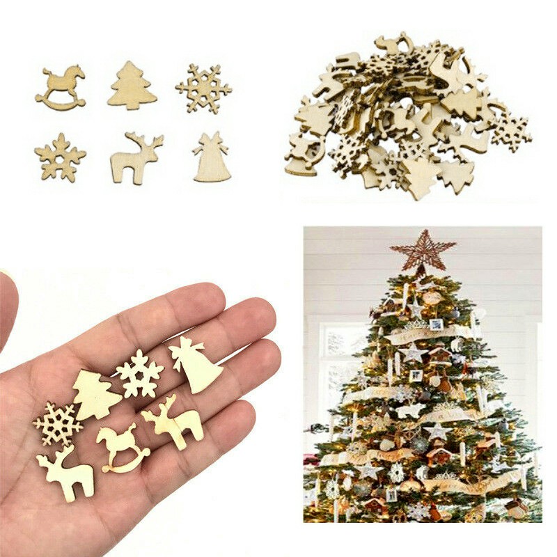 100pcs Wooden Cutout Embellishment Christmas Ornaments Snowflake Tree Trojan Deer DIY Handmade Decoration