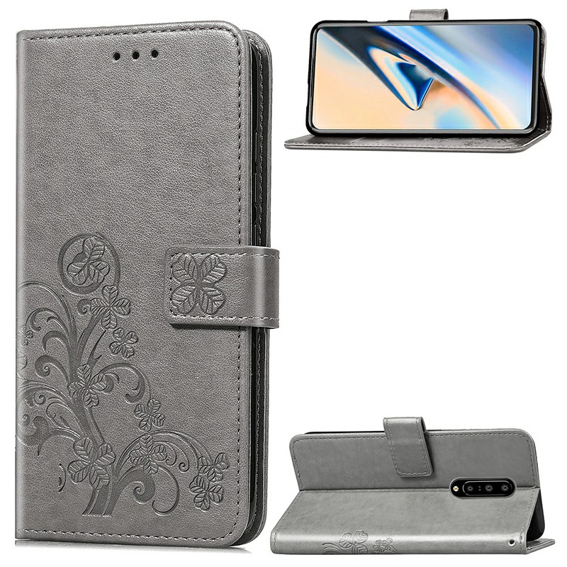 PU Leather Protective Case Clover Embossed Flip Stand Wallet Phone Cover for OnePlus 7 Pro