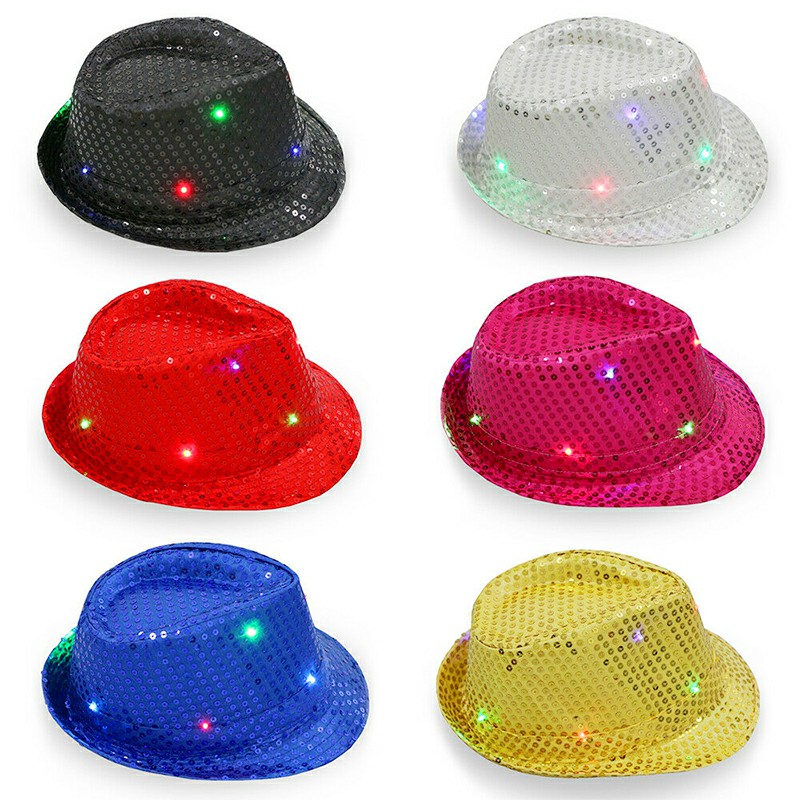 LED Luminous Light Up Hat Colorful Flash Sequin Cap Stage Dance Party Paillette Jazz