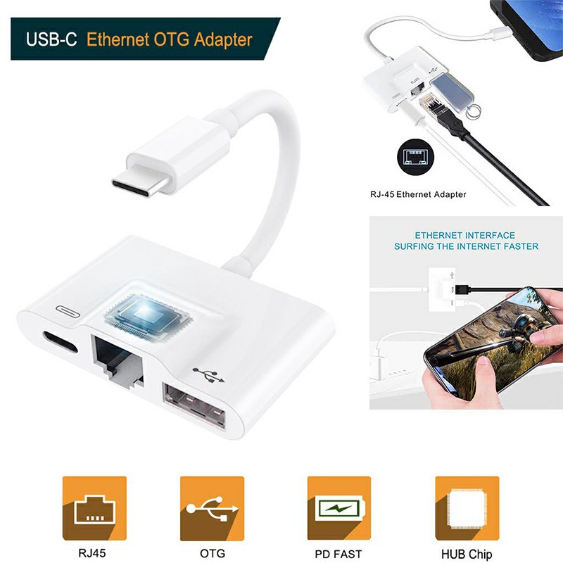 Type C Adapter USB-C to 3A Fast Charge + RJ45 Ethernet + USB OTG Adapter Splitter