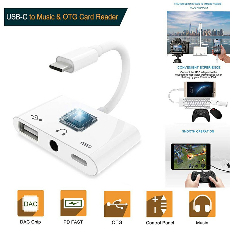 Type C PD Fast Charging Port + 3.5mm Audio Port + USB OTG Port to Type C Adapter for Smart Phone