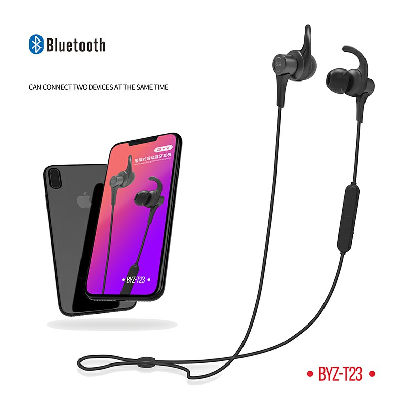 BYZ-T23 Sports Magnetic HiFi Stereo Wireless Bluetooth Headset In-ear Long Standby Earphones - Black