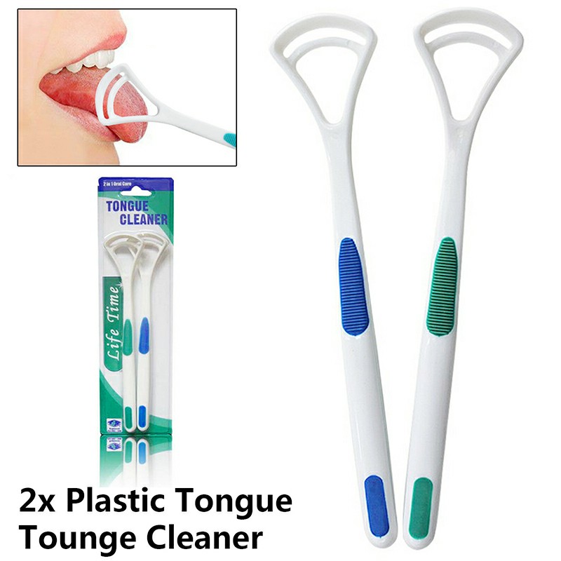 2 Pieces Plastic Tongue Cleaner Scraper Dental Care Hygiene Oral Mouth - Blue + Green