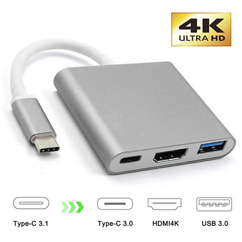 3 in 1 HD Adapter USB 3.1 Type-C to HDMI Converter 4K and Type-C Female and USB 3.0 Multiport Adapter