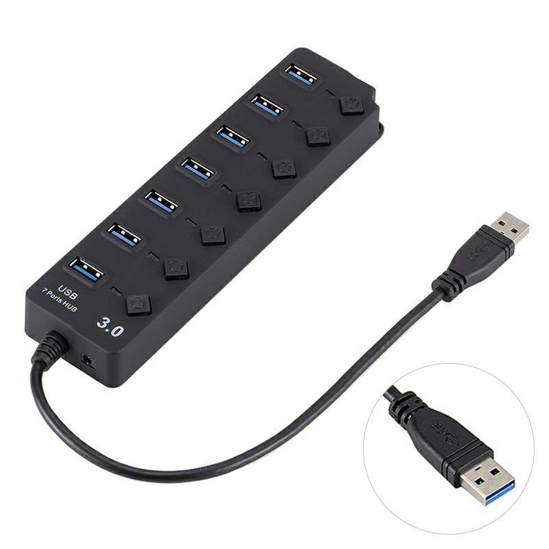 USB 3.0 7 Ports Hub 5 Gbps High Speed On/Off Switches AC Power Adapter for PC