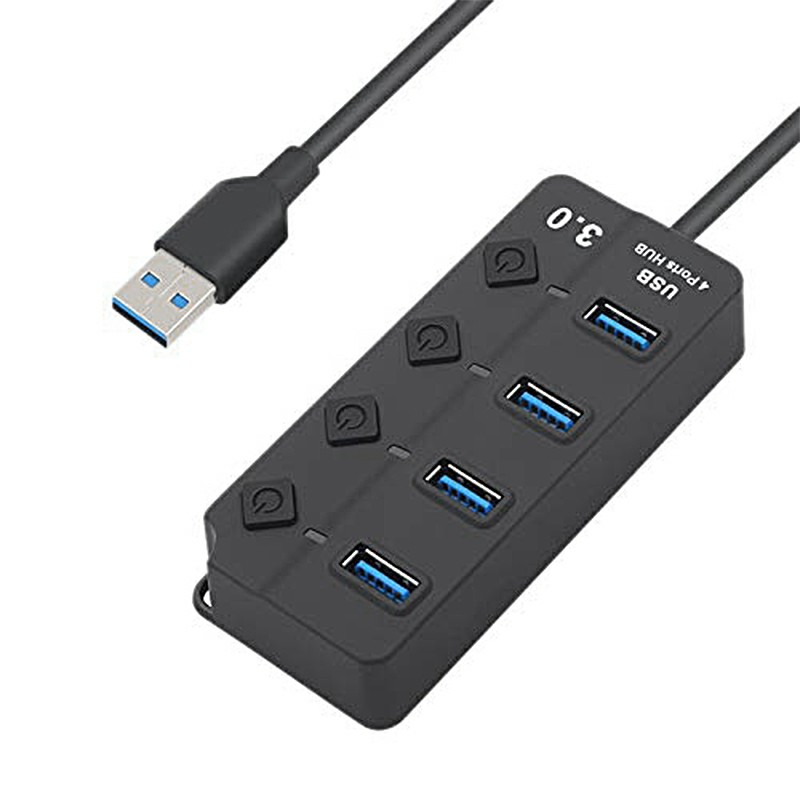 4 Ports USB 3.0 Hub 5 Gbps High Speed On/Off Switches AC Power Adapter Hub