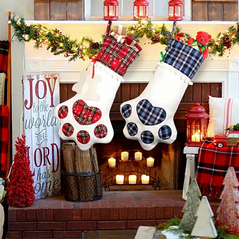 Christmas Stocking Pet Dog Paw Plaid Socks Gift Bag Packing Animal Xmas Stocking Candy Bags