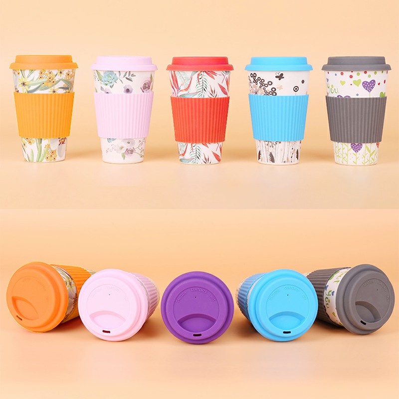 Reusable Coffee Mugs Bamboo Fiber Water Cup with Silicone Cover and Sleeve Eco-friendly Takeaway Travel Cup 400ml
