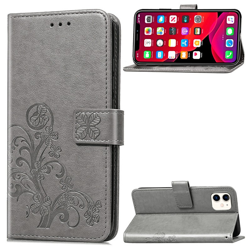 Flip Stand Holder Wallet Card Case Four Leaf Clover Embossing Case PU Leather for iPhone 11