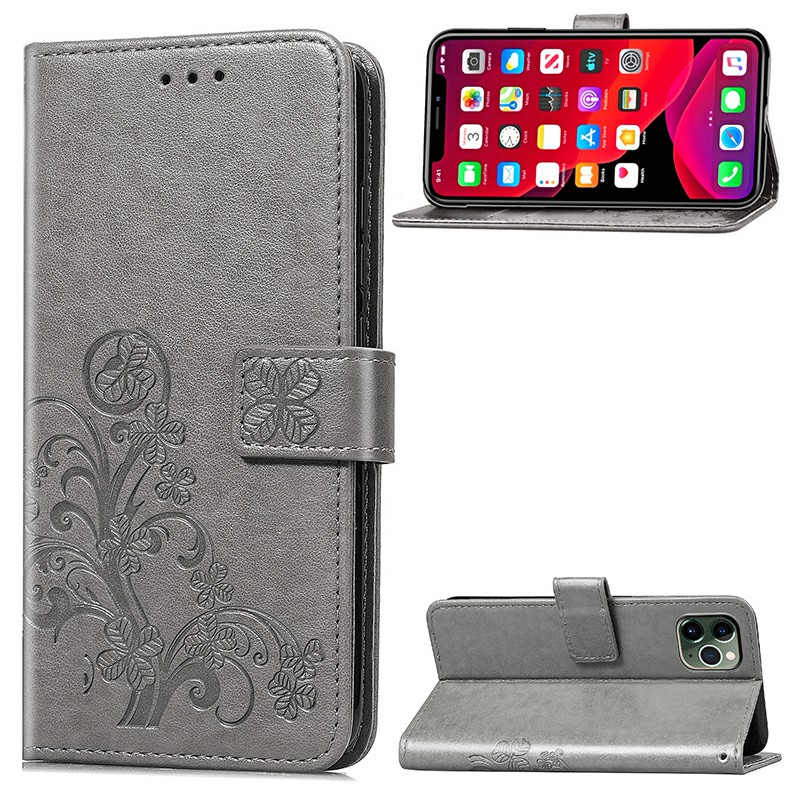 Four Leaf Clover Embossing Case Flip Stand Holder Wallet Card Case PU Leather for iPhone 11 Pro