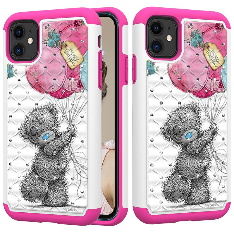 Animal Printed Cute Case Rhinestone Hard Phone Case Inner Soft PU Bumper Back Cover for iPhone 11