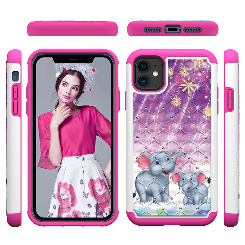 Animal Printed Cute Case Rhinestone Hard Phone Case Inner Soft PU Bumper Back Cover for iPhone 11