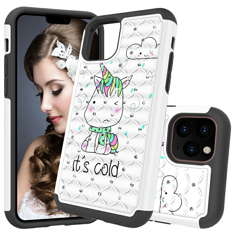 Printed Crystal Decorated Hard Phone Case Inner Soft PU Bumper Back Cover for iPhone 11 Pro Max