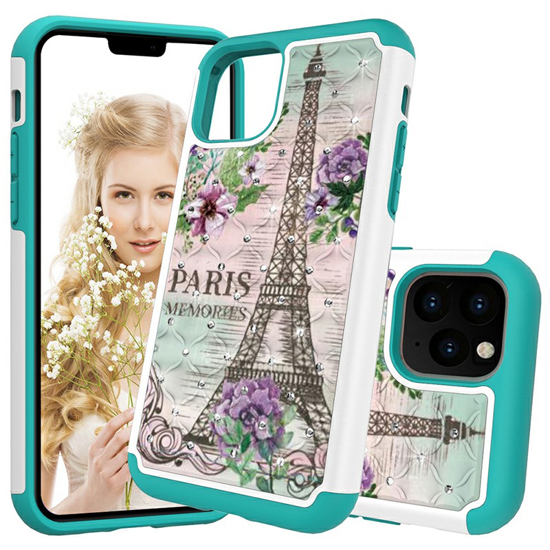 Printed Crystal Decorated Hard Phone Case Inner Soft PU Bumper Back Cover for iPhone 11 Pro Max