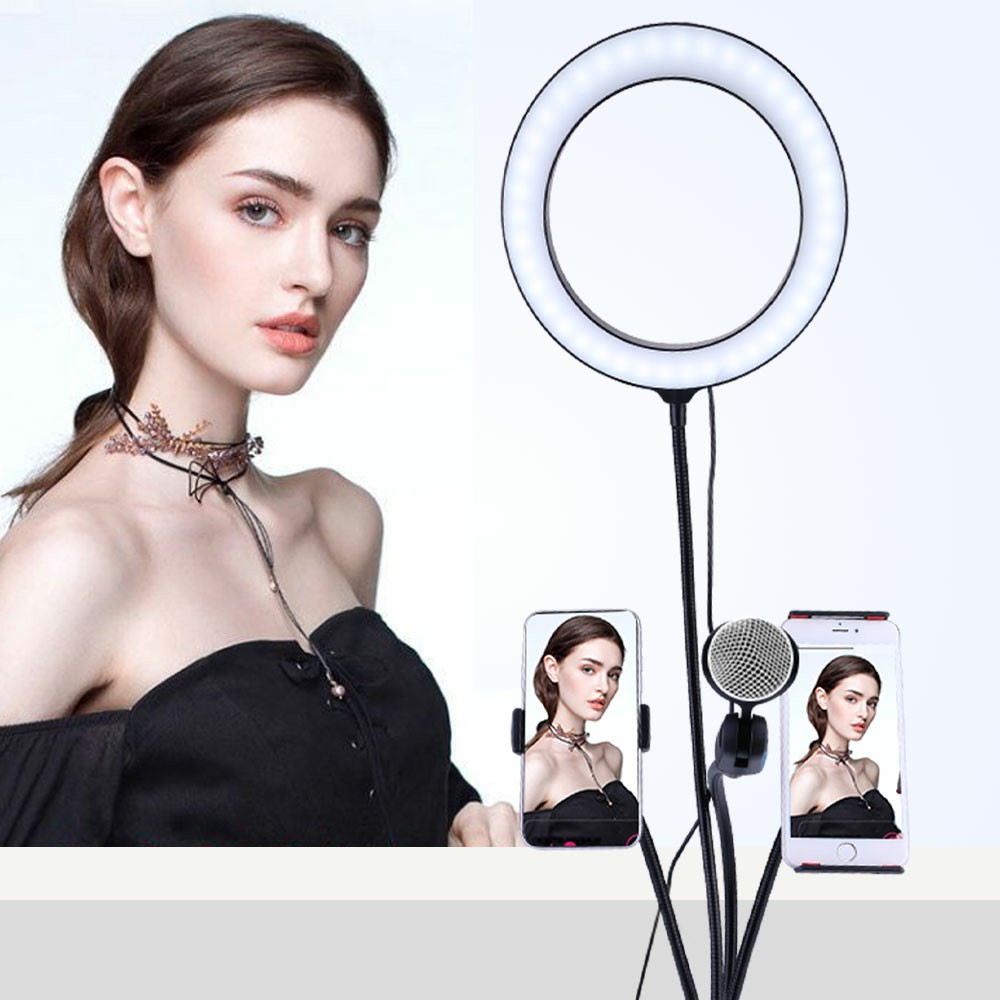 4 in 1 Selfie Light with Phone iPad Holder Microphone Holder with Rotating Flexible Long Arms Mount LED Selfie Ring Light for Live Stream